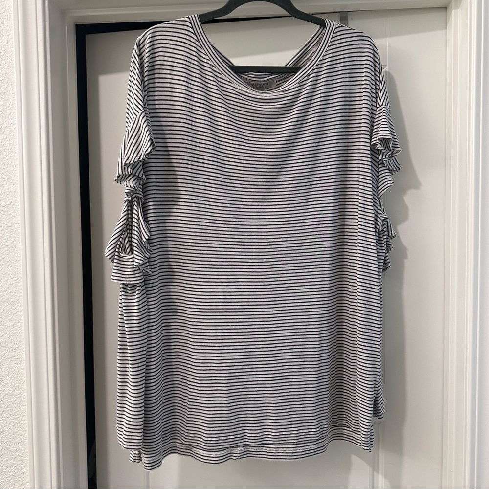 All Saints Striped Ruffle Sleeve Top - Black and White - Picture 3 of 5